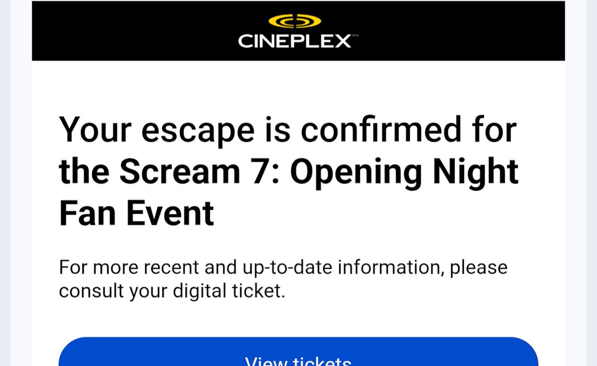 Ticket secured for the Scream 7 Opening Night Fan Event! 
The tradition continues—I have never missed a Scream opening weekend on the big screen. 
Who else is going?? 🍿📽️

Let’s GO!  Can't wait!😱🔪
#ScreamMovie #Scream7 #Ghostface
<a href="/CineplexMovies/">Cineplex</a> <a href="/ScreamMovies/">Scream</a> <a href="/GhostfaceTalks_/">Ghostface</a>