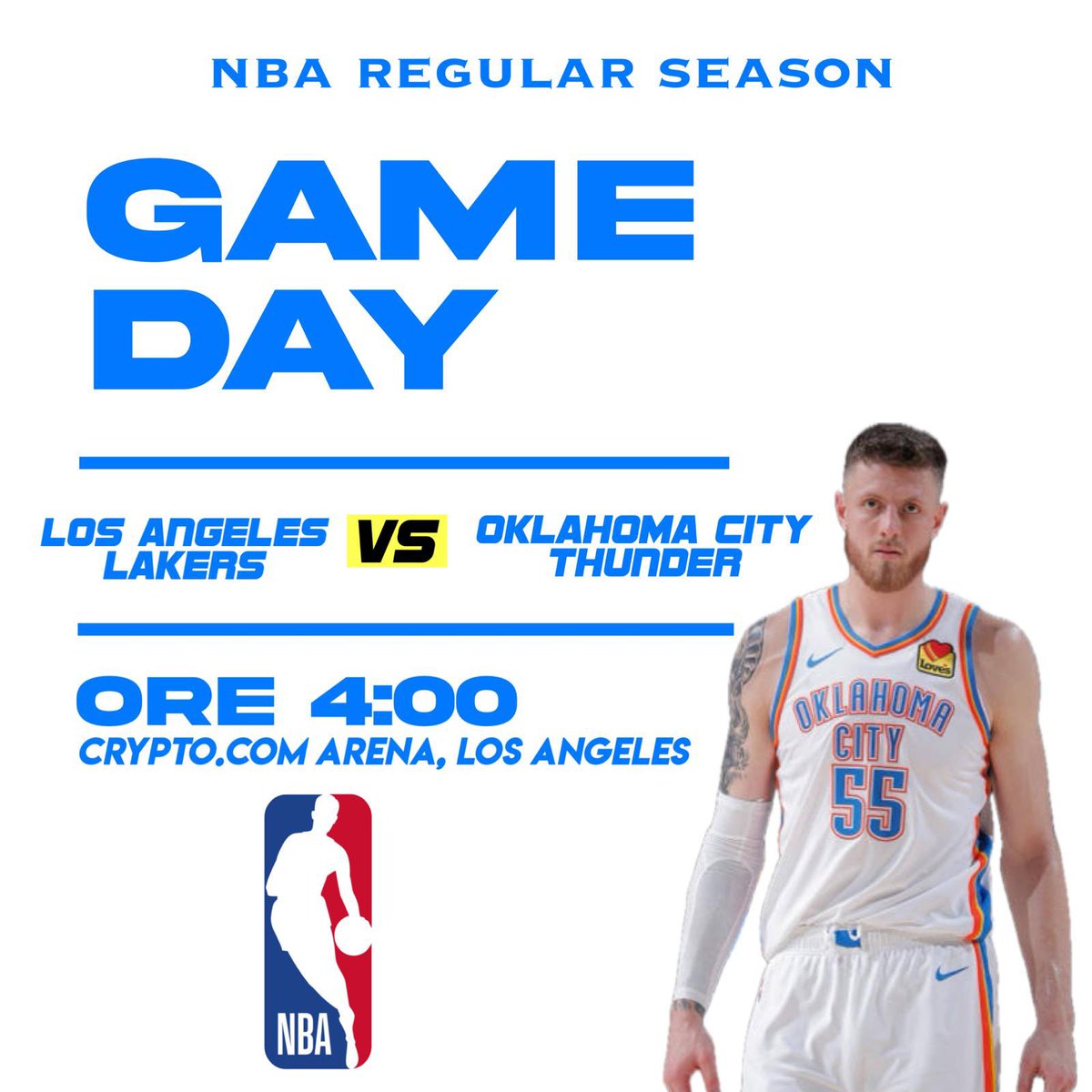 IT’S GAME DAY!⚡️

Trasferta a Los Angeles per far visita ai Lakers. Torna a disposizione JDub che senza Shai dovrà prendersi la squadra sulle spalle

🆚 Los Angeles Lakers
🏟️ Crypto. Com Arena
📍Los Angeles (California)
🕔 4.00 (orario 🇮🇹)
📺 Sky Sport Basket

#ThunderUp