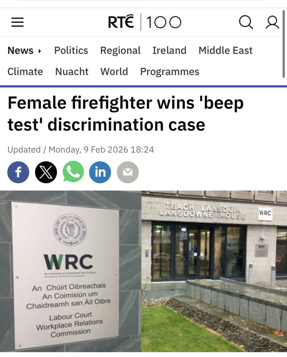 The wokery must end:

The "beep test", a standard fitness test for firefighters for 40 years, discriminates against women and advantages younger candidates, a tribunal has found.

Cork Fire Brigade has been ordered to pay €8k in compensation to Terézia Foott, aged in her 40s who