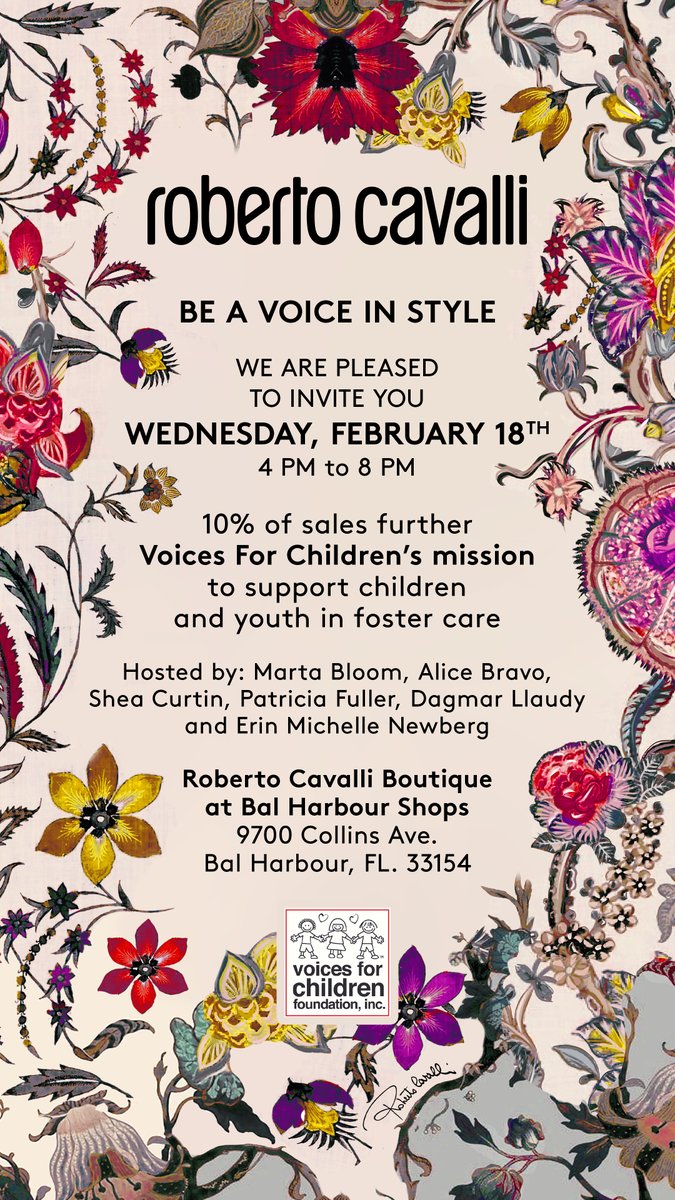 Join us for an exclusive Roberto Cavalli shopping experience benefiting Voices For Children Foundation.
Enjoy iconic style while 10% of all sales support children in foster care.
📍 Roberto Cavalli at Bal Harbour Shops
 📅 Wednesday, February 18
 ⏰ 4:00–8:00 PM