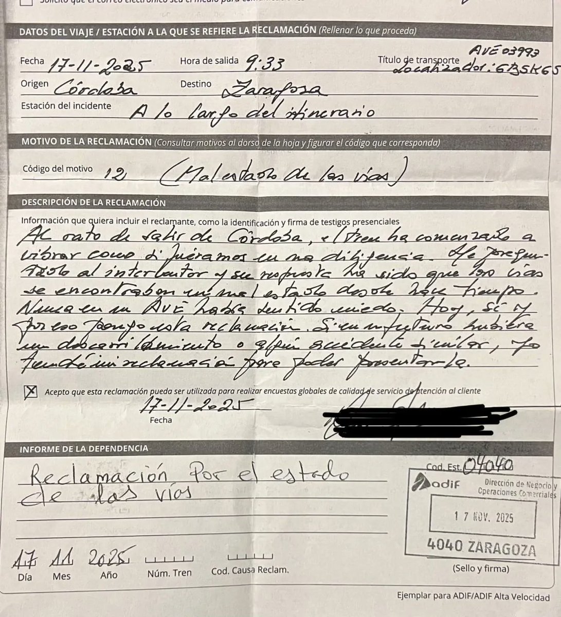 Esta es la reclamación que puso una usuaria de trenes ante Adif por el estado de las vías a la altura de Córdoba.

Pasaron completamente de ella.

Si hubiese ido en patinete a pedir una paguita, seguro que le hubiesen hecho más caso.
