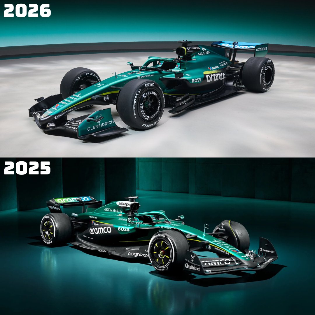 F1GuyDan's tweet photo. Aston Martin's 2026 livery compared to their 2025 livery https://t.co/0WNlFQU0Ld