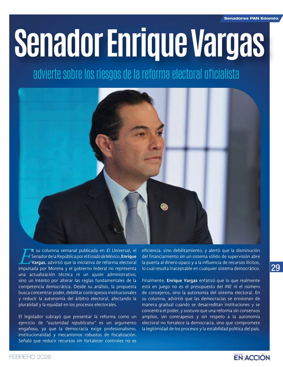 REEnAccion's tweet photo. 📍En su columna semanal en El Universal, el senador @EnriqueVargasdV alerta que la reforma electoral oficialista no es una modernización, sino un intento por debilitar contrapesos y la autonomía del árbitro electoral. ⚠️🗳️

Defender al INE es defender la democracia. 🇲🇽💙 https://t.co/1sIrkXldjG