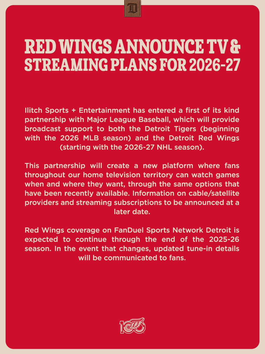 The #RedWings will have a new TV home in 2026-27!

Full details: bit.ly/DRWTV202627