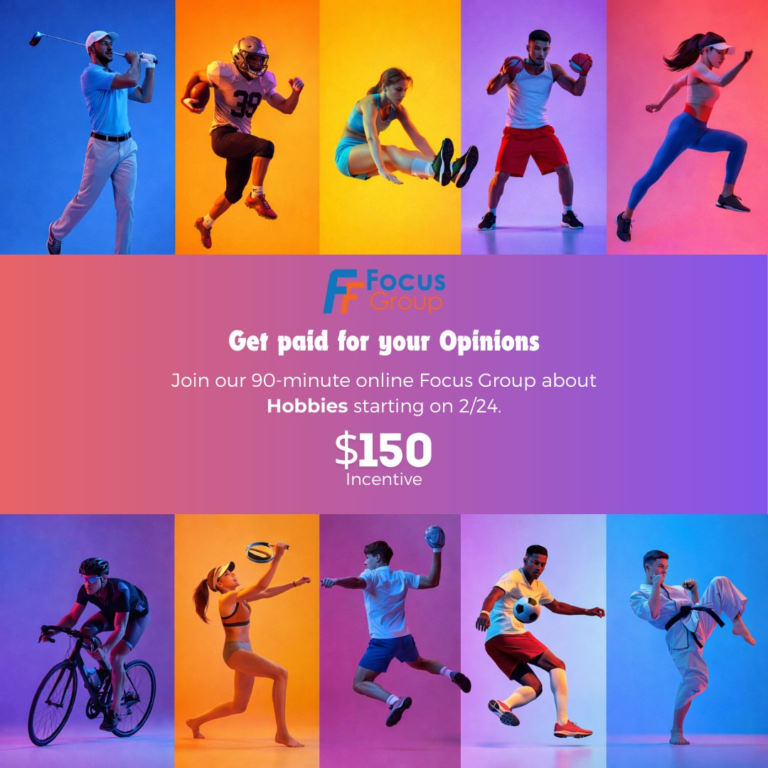 FF_FocusGroup's tweet image. 🎯 Join a 90-minute online focus group about hobbies and earn $150 💰
Starting 2/24 📅 - share your experiences and get rewarded.
See if you qualify: app.dscout.com/panels-ui/s/c8…

#PaidStudy #FocusGroup #MarketResearch #Hobbies