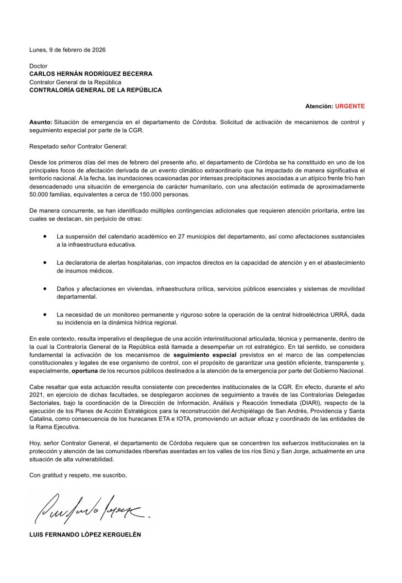 Carta abierta al Dr. <a href="/CarlosHernanR1/">Carlos Hernan Rodríguez Becerra</a> <a href="/CGR_Colombia/">Contraloría General de la República de Colombia</a> a propósito de la emergencia por inundaciones en el departamento de Córdoba: