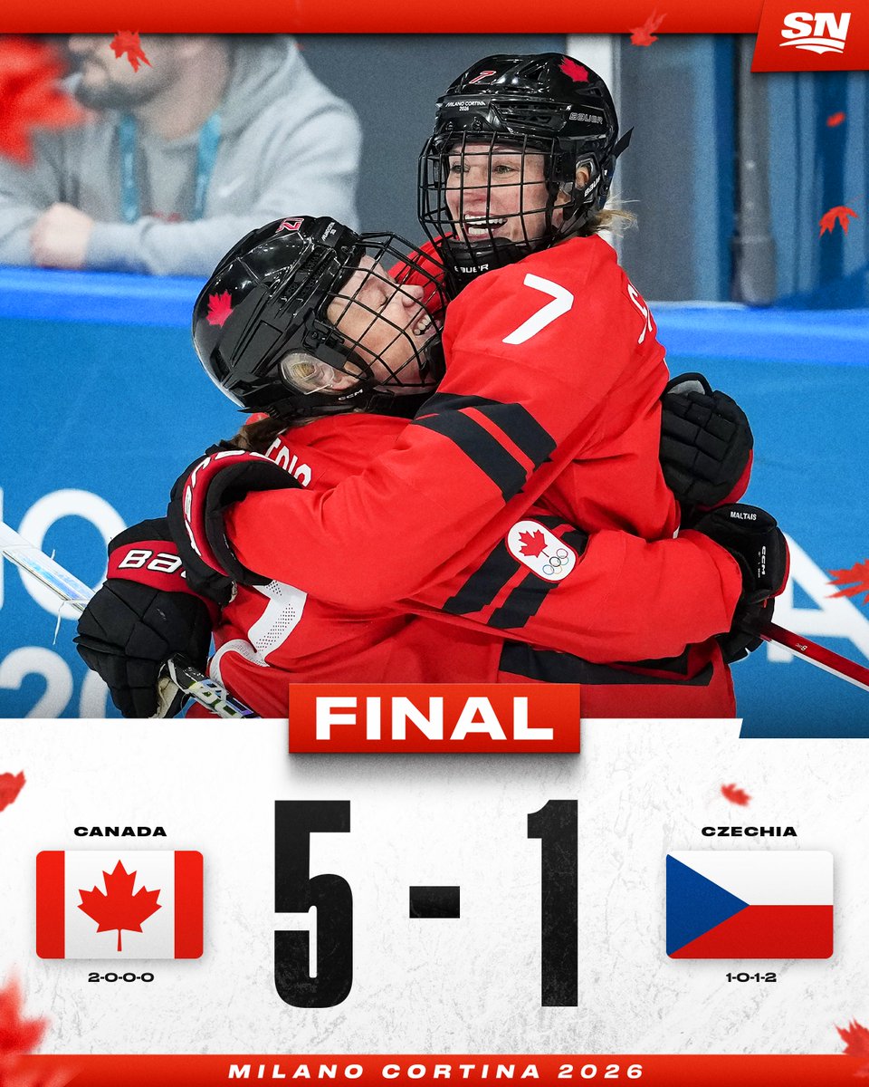 Sportsnet's tweet image. ANOTHER WIN IN THE BOOKS 🇨🇦

Team Canada improves to 2-0 following their win over Czechia at #MilanoCortina2026 👏