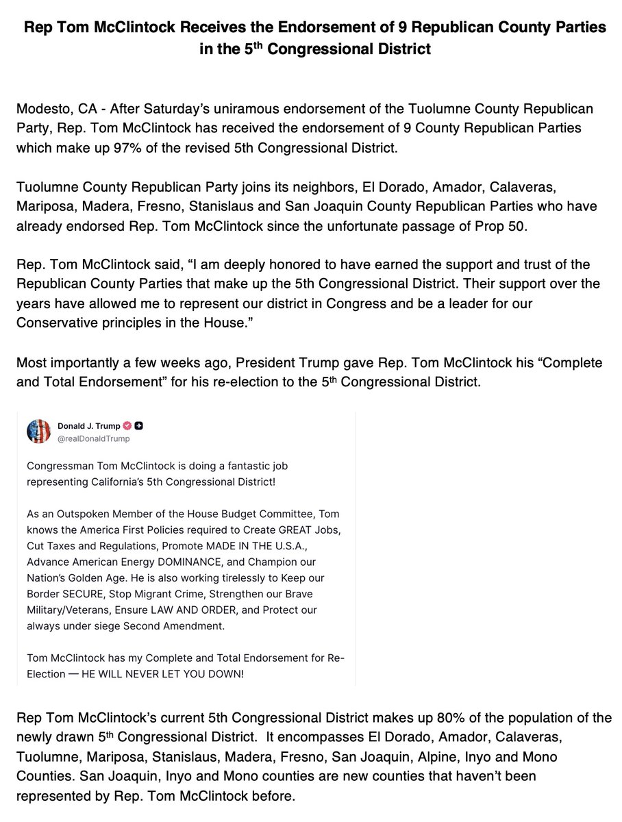 Thank you to the Tuolumne County Republican Party for the unanimous endorsement on Saturday evening. Rep. Tom McClintock has received the endorsement of 9 County Republican Parties in the 5th Congressional District.