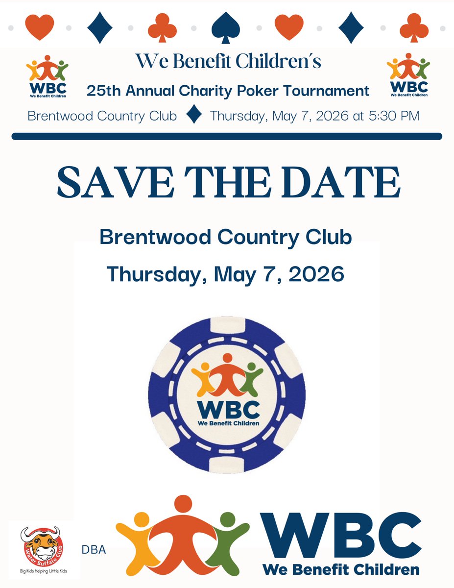 wbcinla's tweet photo. Make sure to mark your calendar for the We Benefit Children 25th Annual Charity Poker Tournament on Thursday, May 7, 2026 at the Brentwood Country Club! Tickets on sale soon!

https://t.co/uJhSqVoZsr https://t.co/z9iEJTTeuT