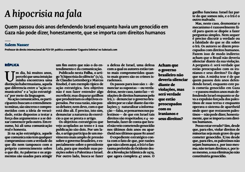 Boa tarde! 

Meu artigo saiu na Folha de S.Paulo. 
Nele, reflito sobre direitos humanos, comunicação política e a hipocrisia no debate em torno de Israel e Gaza. 

Convido você à leitura:

🔗 www1.folha.uol.com.br/opiniao/2026/0…