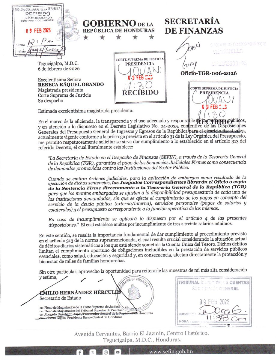 SEFINHN's tweet photo. Hemos sufrido embargos judiciales millonarios de forma sistemática, por ello instamos a la CSJ a cumplir el art. 313 del Presupuesto General. El pago de sentencias firmes debe realizarse vía TGR ,para evitar afectar la Cuenta Única del Tesoro y garantizar los servicios públicos. https://t.co/mHfcobrwEg