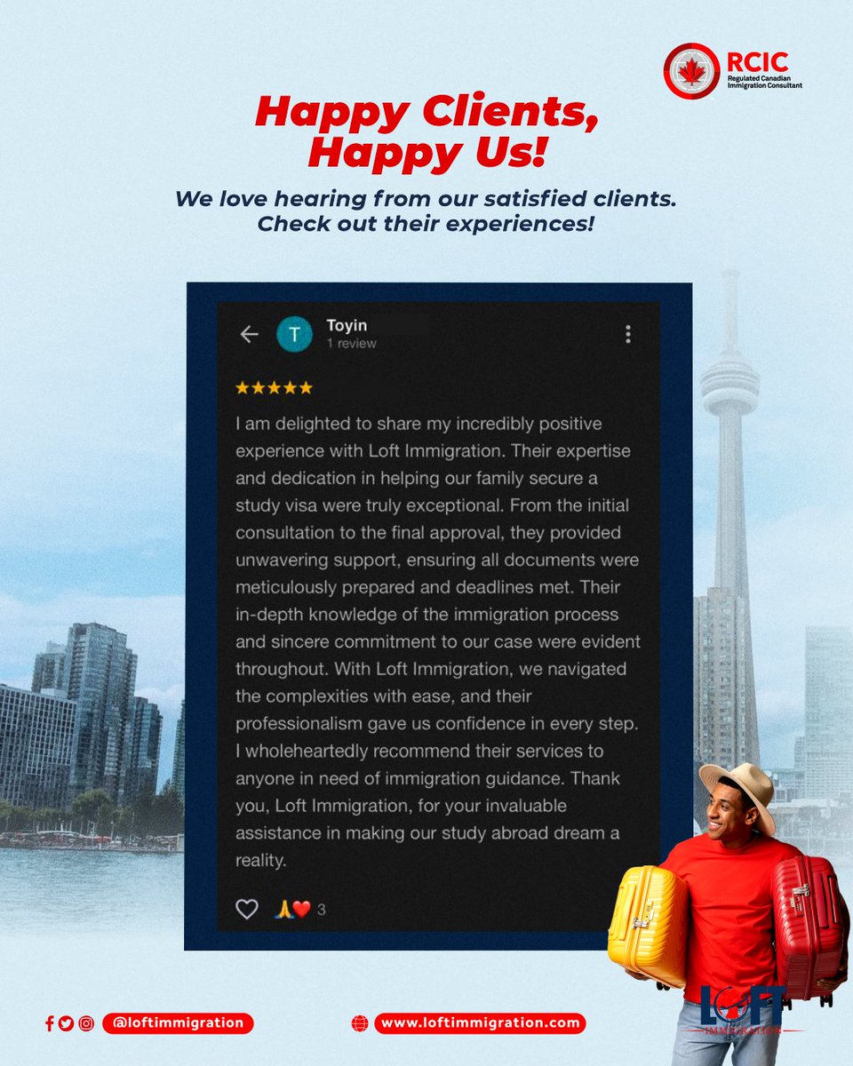 🤗 Nothing makes us happier than hearing from satisfied clients! Check out this wonderful review from Toyin.

At Loft Immigration, every success story inspires us to keep providing top-notch service. Let us guide you 👉 Send a DM now!
#loftimmigration #canadavisa