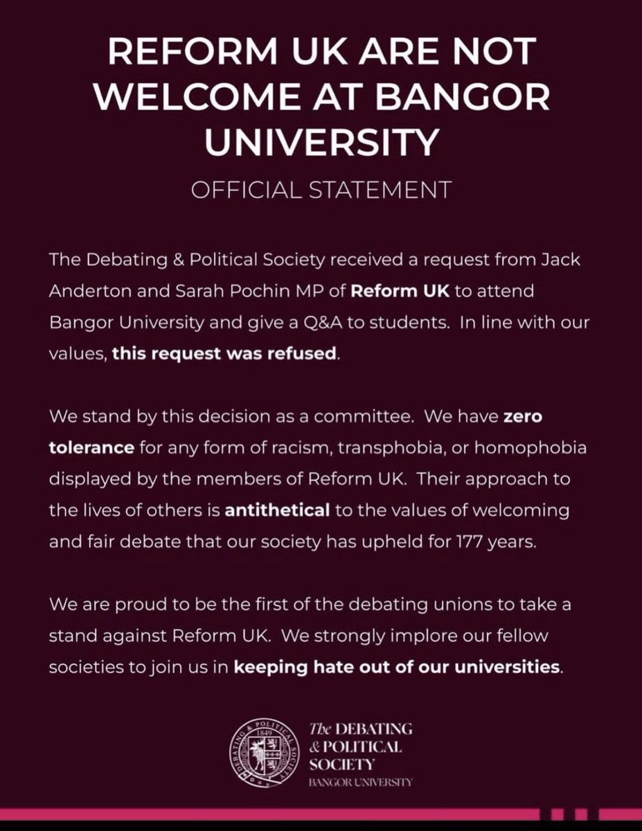 Artemisfornow's tweet image. 🔥Perfect! The anti fascists out themselves.

A university debating society announces it will not allow a major UK political party to speak.

because a committee has decided the views are unacceptable.

They are teaching students that only the approved orthodoxy is acceptable and…