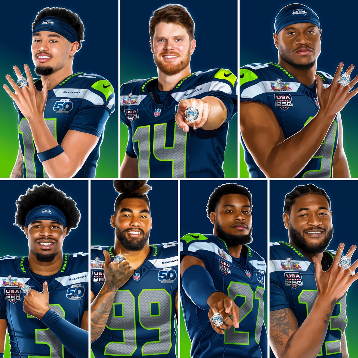 smlshin's tweet photo. Painting all of this year’s Super Bowl content was my most exhausting, but also highly rewarding. On to the next. 

#nfl #superbowl #superbowlx #seahawks #seattleseahawks #football #art #artwork #digitalart #digitalpainting #digitalillustration #painting #illustration https://t.co/UQbtc1EeXi