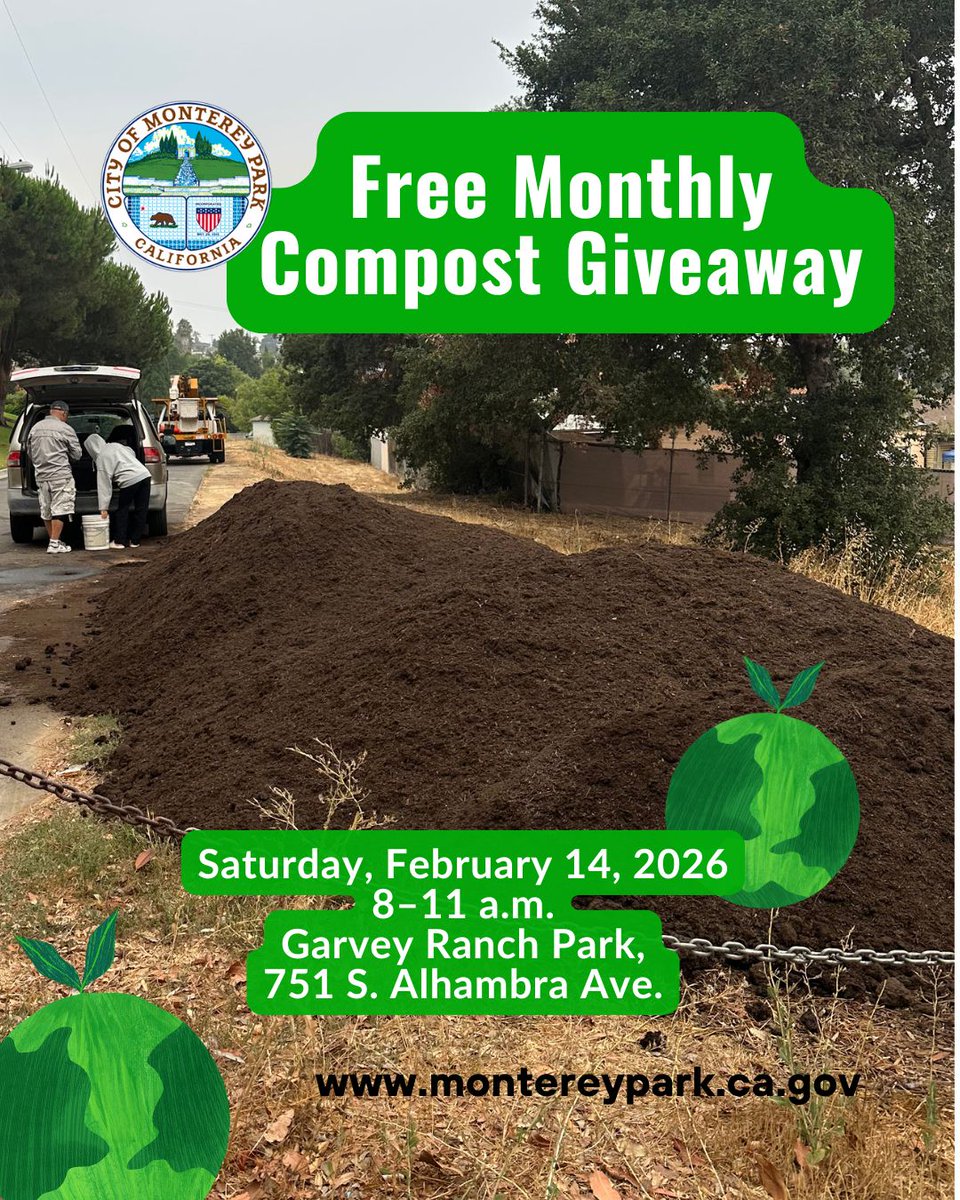 cityofmpk's tweet image. 🌿 Free compost this Saturday, Feb. 14! 🌿 Join us at Garvey Ranch Park, 8-11 a.m. Limit 2 bags first hour, or bring containers for loose compost. Perfect for your garden! MPK residents only, please. #MontereyPark #composting montereypark.ca.gov/Calendar.aspx?…