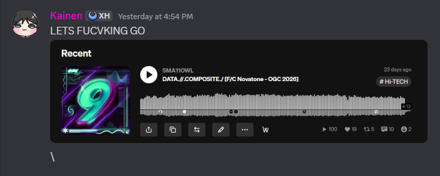 Forgot to mention:

THANK YOU FOR 100 PLAYS ON DATA.//.COMPOSITE./ ON SOUNDCLOUD

for someone who rejects this platform most the time, having a song outperform the YT upload is actually insane to me, thank you all for listening to the song, it truly feels magical to me.