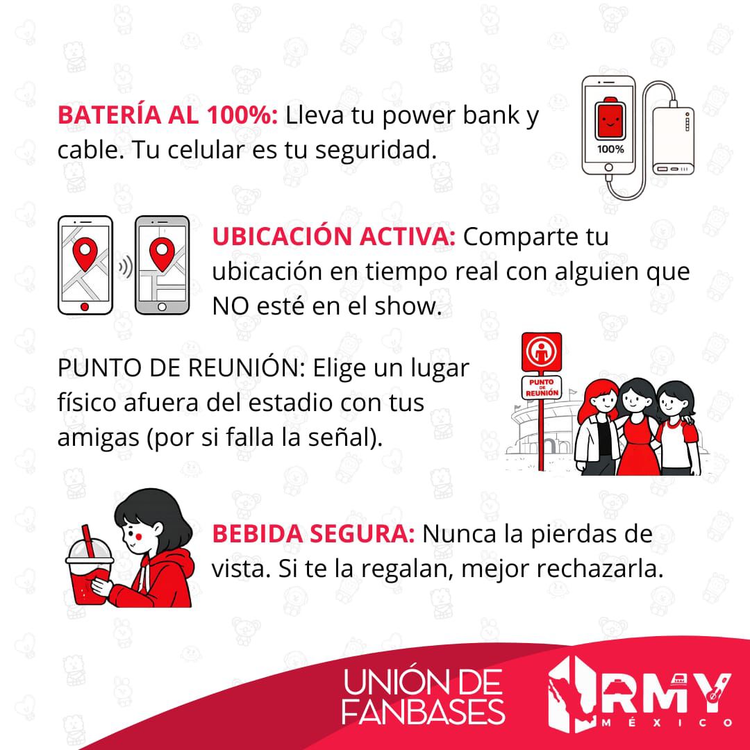 La emoción por volver a ver a los chicos es inmensa, pero nuestra seguridad va primero. 🛡️✨

Te compartimos puntos clave para cuidarnos en el concierto.
Hagamos de esta experiencia algo inolvidable y seguro para todos. 💜✨

#ArmyNosCuidamosTodos 
#ARMYMexico #SororidadARMY