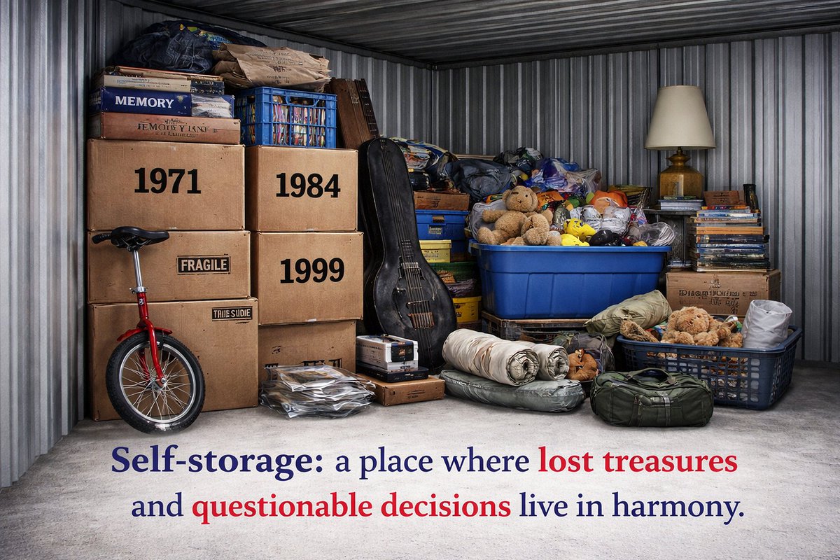 GeistStorage's tweet photo. Self-storage: a place where lost treasures and questionable decisions live in harmony. #StorageHumor https://t.co/bojzd9rXlA