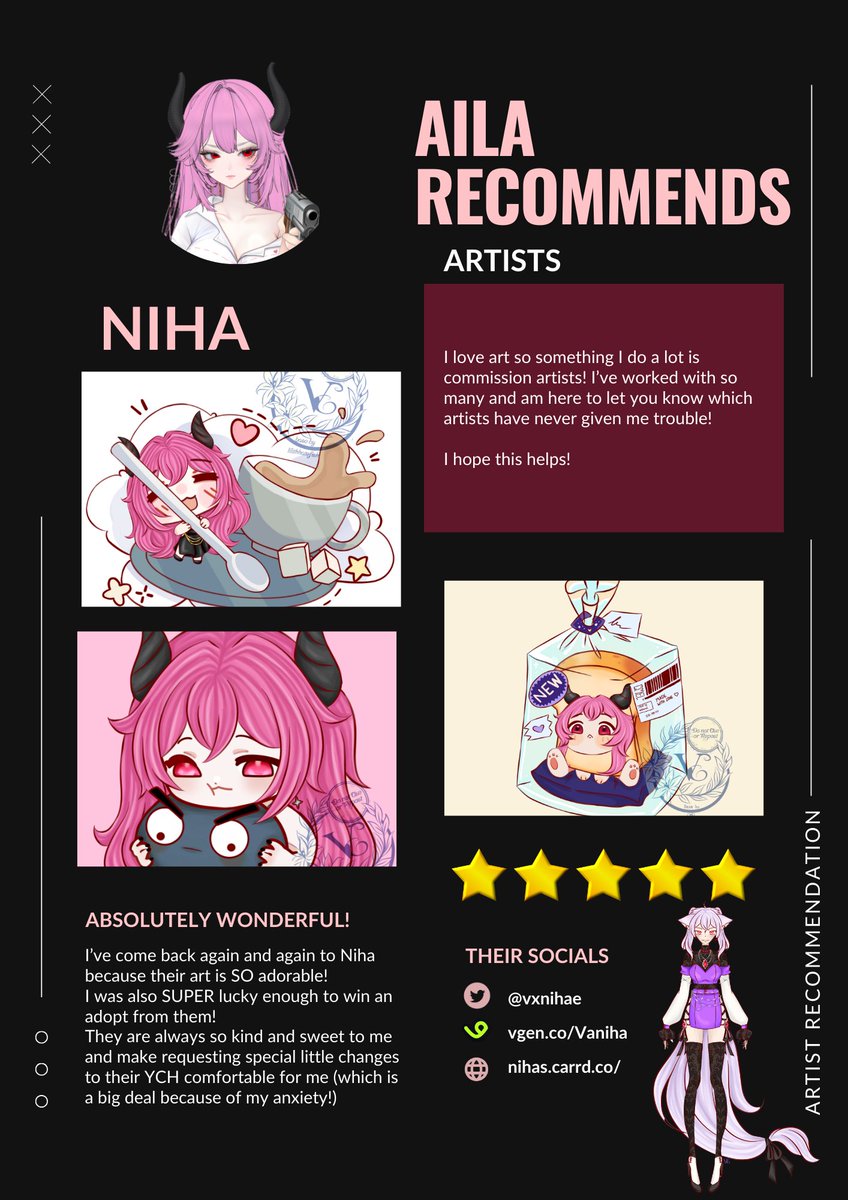 People seem to like this idea~

So here's the first artist 
<a href="/vxnihae/">Doll | niha ⚜️ comms open</a> 

They are so nice to work with that I've returned again and again!
I plan on making these little pages for each artist with art they've made for me and their socials so you can find them easily!