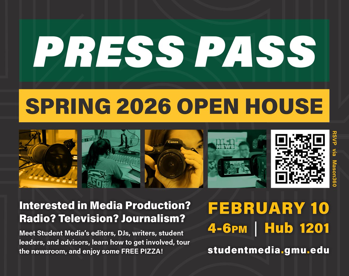 Press Pass is tomorrow‼️ If you want to enjoy some FREE pizza, and meet Student Media's ✨AMAZING✨ editors, DJs, writers, student leaders, and advisors, then come to our open house event! 🙌

Don't forget to RSVP via Mason360: cglink.me/2d7/r2294483