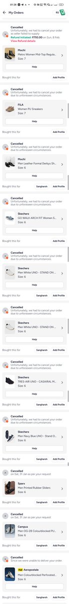 Sanghar0's tweet photo. @myntra @MyntraSupport
Multiple confirmed orders cancelled — 5–6 Skechers, 1 FILA &amp; 1 Mochi. Given only a ₹100 “SORRY” coupon. Assured on call &amp; email it wouldn’t happen again, yet Mochi order showed “arriving today” → “delayed” → cancelled. Unacceptable. https://t.co/hZI7RJbiVl