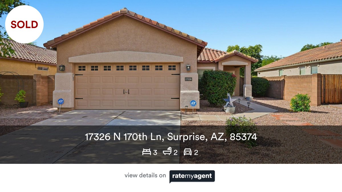 🛌 3 🛀 2 🚘 2
📍 17326 N 170th Ln, Surprise, AZ, 85374

My latest sale on #RateMyAgent.
Arizona Real Estate Agent SA698504000
rma.reviews/4mee0t0y1rvr

...
#ratemyagent #realestate