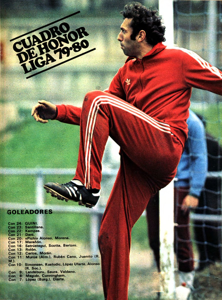 📸 La tabla de máximos goleadores de la Liga 79/80.

2⃣4⃣ Quini (Sporting).
2⃣3⃣ Santillana (Real Madrid),
2⃣2⃣ Kempes (Valencia).
2⃣1⃣ Dani (Athletic).
2⃣0⃣ 'Pichi' Alonso (Real Zaragoza).
2⃣0⃣ Fernando Morena (Rayo).
1⃣7⃣ Rafa Marañón (Espanyol).

🔝 Pues bastante bien, ¿no?.
