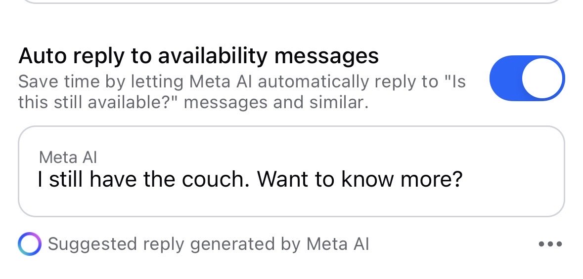 hilarious. 

fb marketplace: “We know people spam you a ton when you list something to sell, want to spam them back?”

we’ve come full circle
