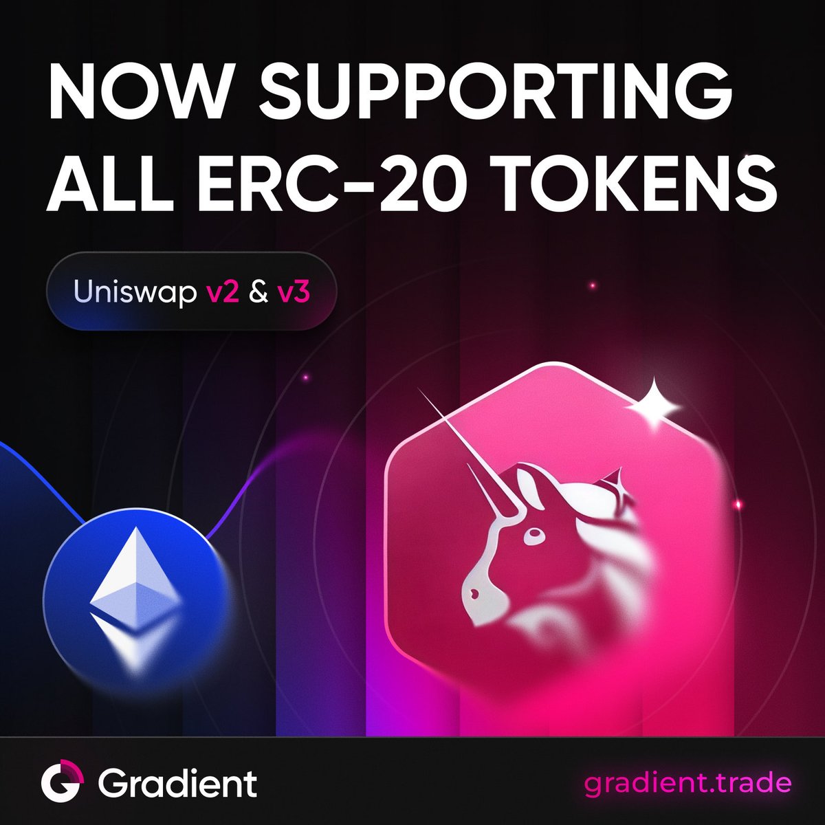 The Gradient now supports the trading of all ERC20 Tokens on <a href="/Uniswap/">Uniswap Labs 🦄</a> V2 &amp; V3. 

Navigate to app.gradient.trade and swap price-impact free today.