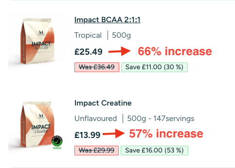 PotterRafed's tweet photo. Looking at my last orders this time last year for some creatine and BCAA..

The stuff they don't advertise about:
Prices have increased 57% and 66% respectively within a year!

This is crazy!

@Myprotein https://t.co/aqrsErOcMi