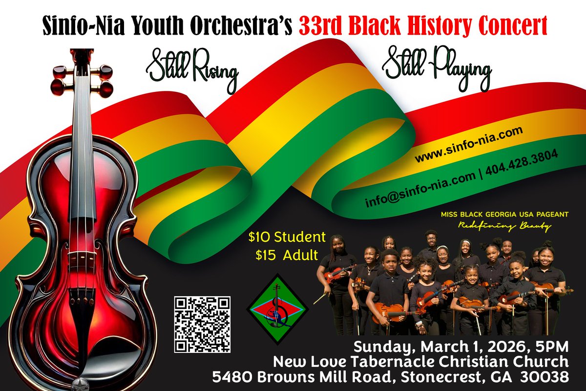 Sinfo-Nia's 33rd Annual Black History Concert will feature works by Richard Smallwood, Roberta Flack, Prince, and a plethora of others. Winslyn Parrish, our Miss Black Georgia USA 2026 will serve as our MC! Join us! sinfo-nia.com/2026-black-his…