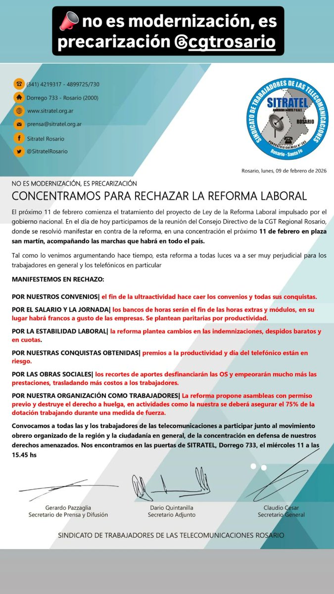 CONCENTRAMOS PARA RECHAZAR LA REFORMA LABORAL Miercoles 11/02, 15.45 hs. Sede Gremial
#NoAlaReformaLaboral
#ReformaLaboral 
#telefónicos