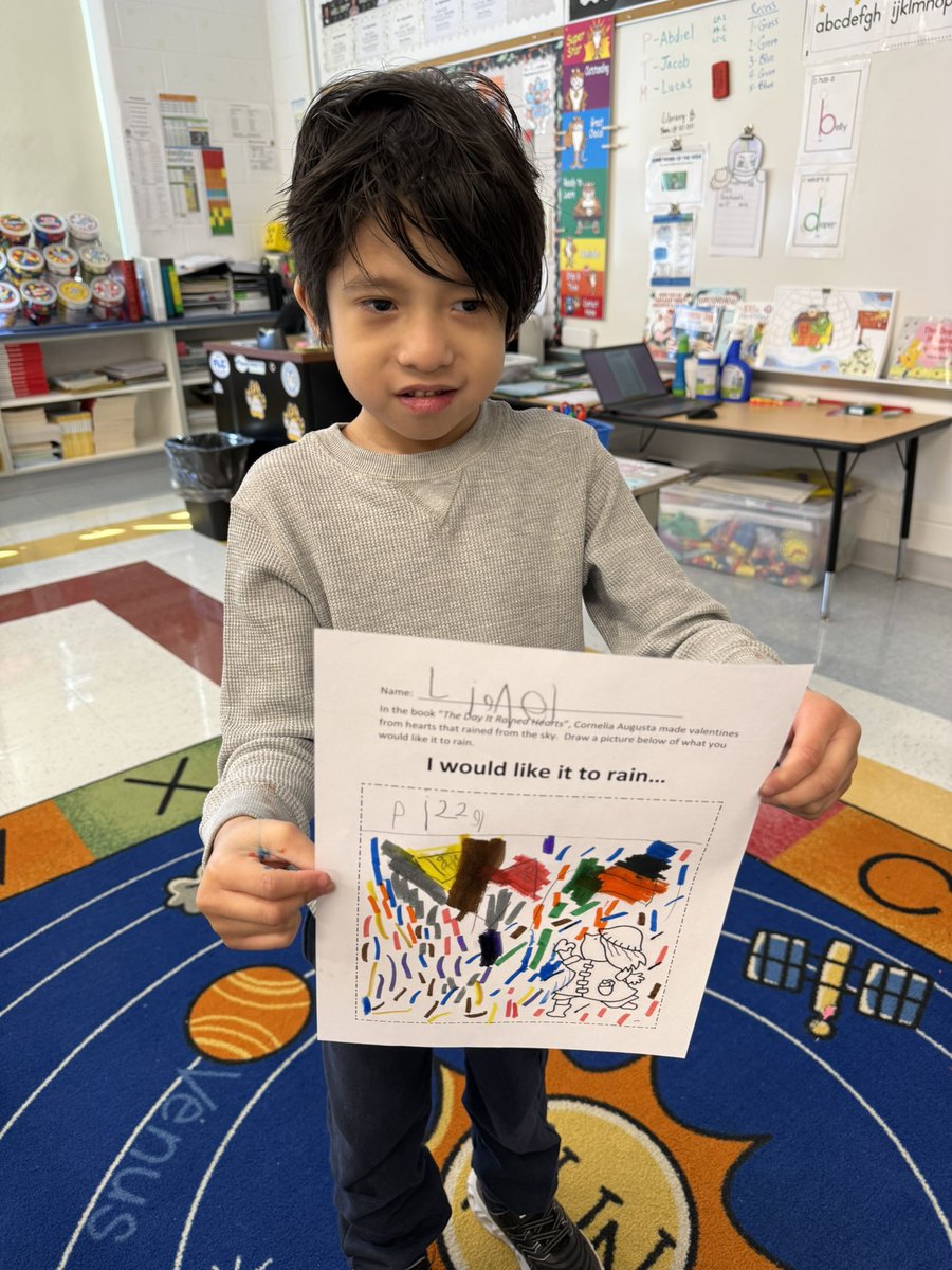 Richardella_FLC's tweet photo. After reading the story “The Day it Rained Hearts” students had to choose something they wish would rain down. https://t.co/8Sj6nzqDbO