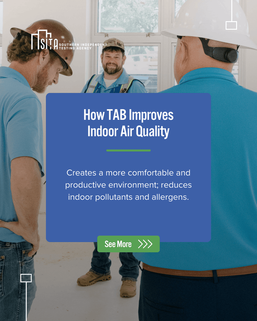 SITAtab's tweet photo. Indoor air quality directly impacts productivity, health, and overall building performance.

Proper Testing, Adjusting, and Balancing ensures HVAC systems operate as designed, helping reduce airborne pollutants while supporting efficient airflow throughout the space. https://t.co/rMQW33iErc