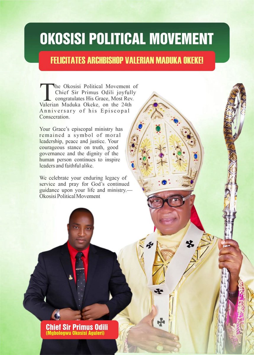 EzehEz63767580's tweet photo. A Shepherd Guiding With Love, Wisdom! Heartfelt congratulations to His Grace, Most Rev. Dr. Valerian Maduka Okeke, on the 24th anniversary of his episcopal ordination. The Okosisi Political Movement, under the esteemed leadership of Chief Primus Odili(Mgbologwu Okosisi Aguleri) https://t.co/YgzaDhzKrv