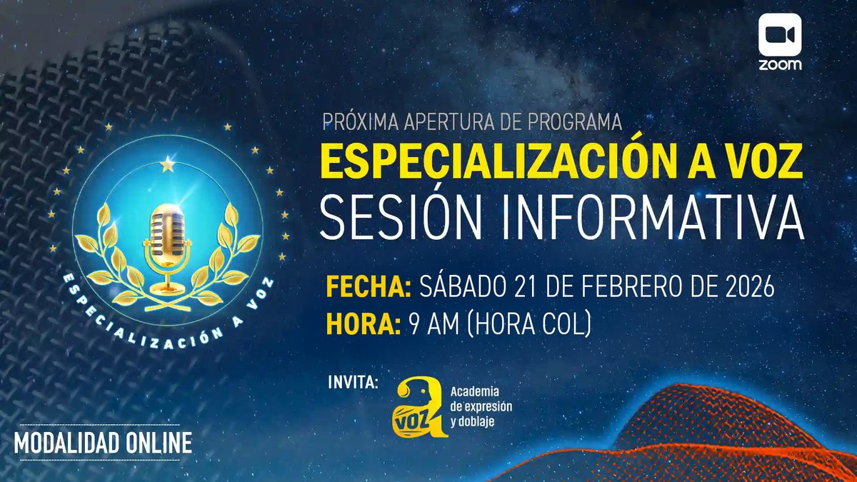 ¡Conoce el programa Especialización A Voz! Sesión ZOOM.📅 Sáb, 21 feb 2026 ⏰9 - 11 am (hora Col). Inscríbete y participa. avozacademia.com/20260221-sesio…
#voz #especialización #locución #doblaje #interpretación