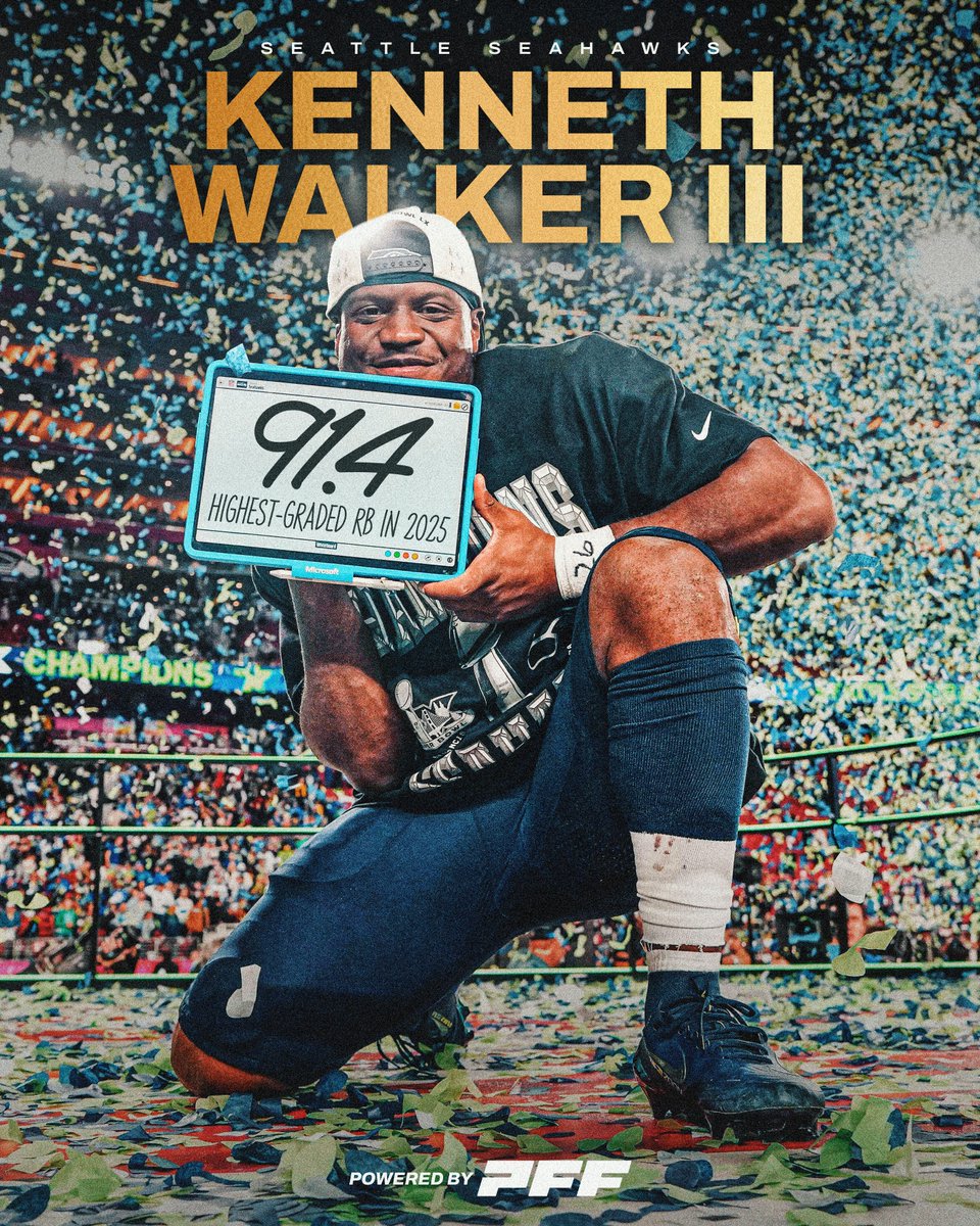 PFF's tweet image. Kenneth Walker III this season:

🥇 Highest-graded RB in football
🏆 Super Bowl MVP