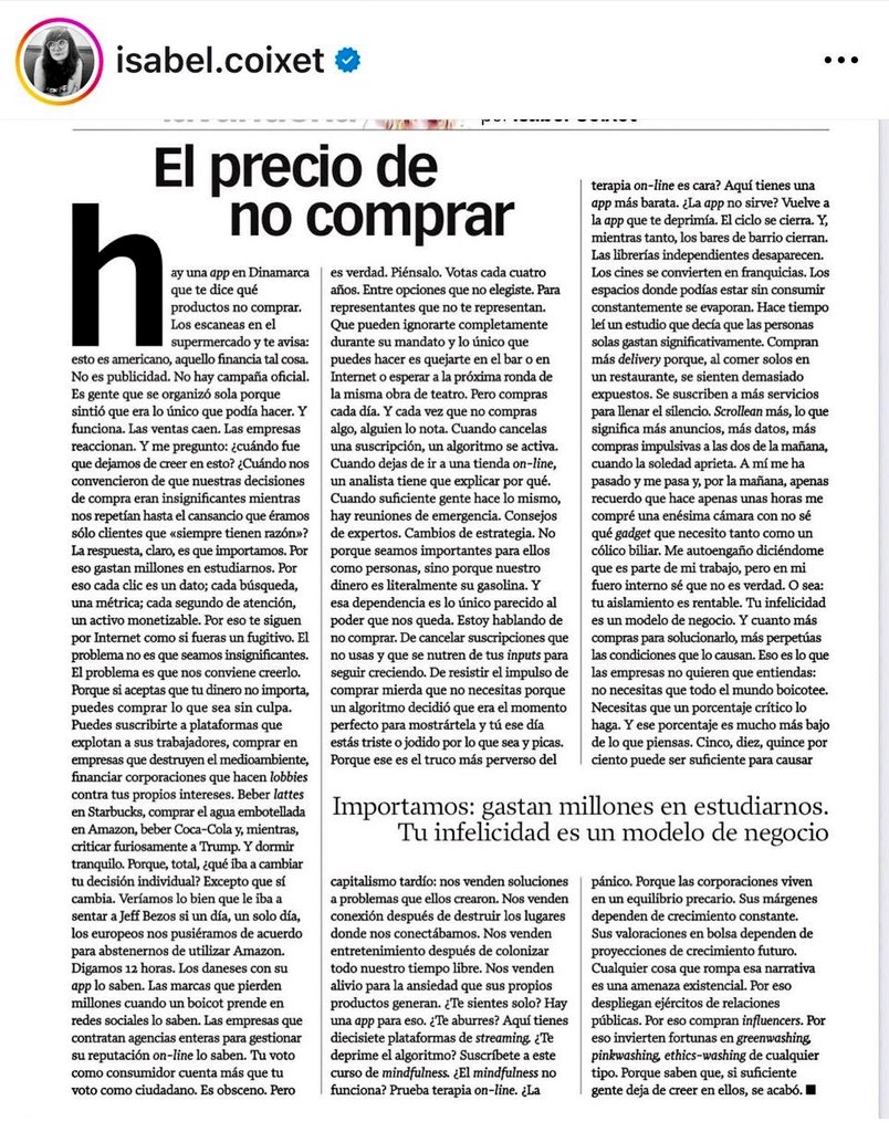 RikkiAresu's tweet photo. 'El precio de no comprar' #IsabelCoixet #xlsemanal https://t.co/bPYpyScGZg