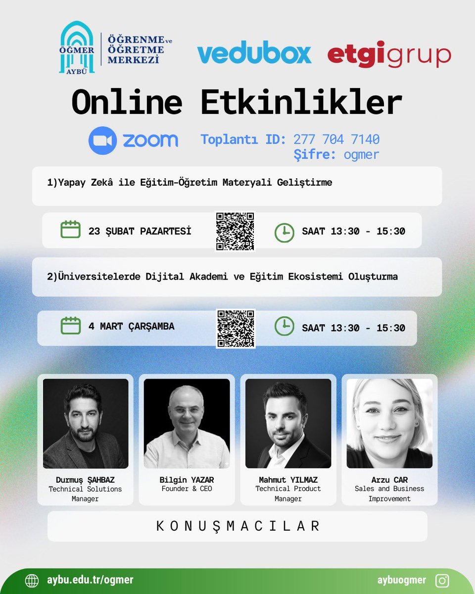 Etgigrup&amp;Vedubox işbirliğiyle Üniversitemiz Öğrenme ve Öğretme Merkezi (ÖĞMER) tarafından, eğitim-öğretim süreçlerinde kaliteyi ve verimliliği artırmaya yönelik fiziksel ve online etkinlikler düzenleniyor.

📌 Yüz yüze Etkinlikler
🗓 12 Şubat 2026, Perşembe | 13:30–15:30
📍