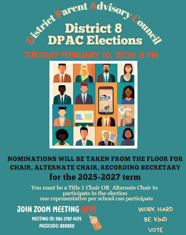 D8Connect's tweet photo. Hello D8 families,📣 District 8 DPAC Elections
🗓 Feb 10, 2026 • 6 PM Nominations for Chair, Alternate Chair & Recording Secretary (2025–2027).🔗 Zoom: https://t.co/8XulzknGTt ID 986 2787 4075 | Passcode 888888 #District8 #DPAC #NYCschools https://t.co/FC01HEWSVv