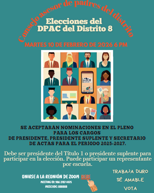 D8Connect's tweet photo. Hello D8 families,📣 District 8 DPAC Elections
🗓 Feb 10, 2026 • 6 PM Nominations for Chair, Alternate Chair & Recording Secretary (2025–2027).🔗 Zoom: https://t.co/8XulzknGTt ID 986 2787 4075 | Passcode 888888 #District8 #DPAC #NYCschools https://t.co/FC01HEWSVv
