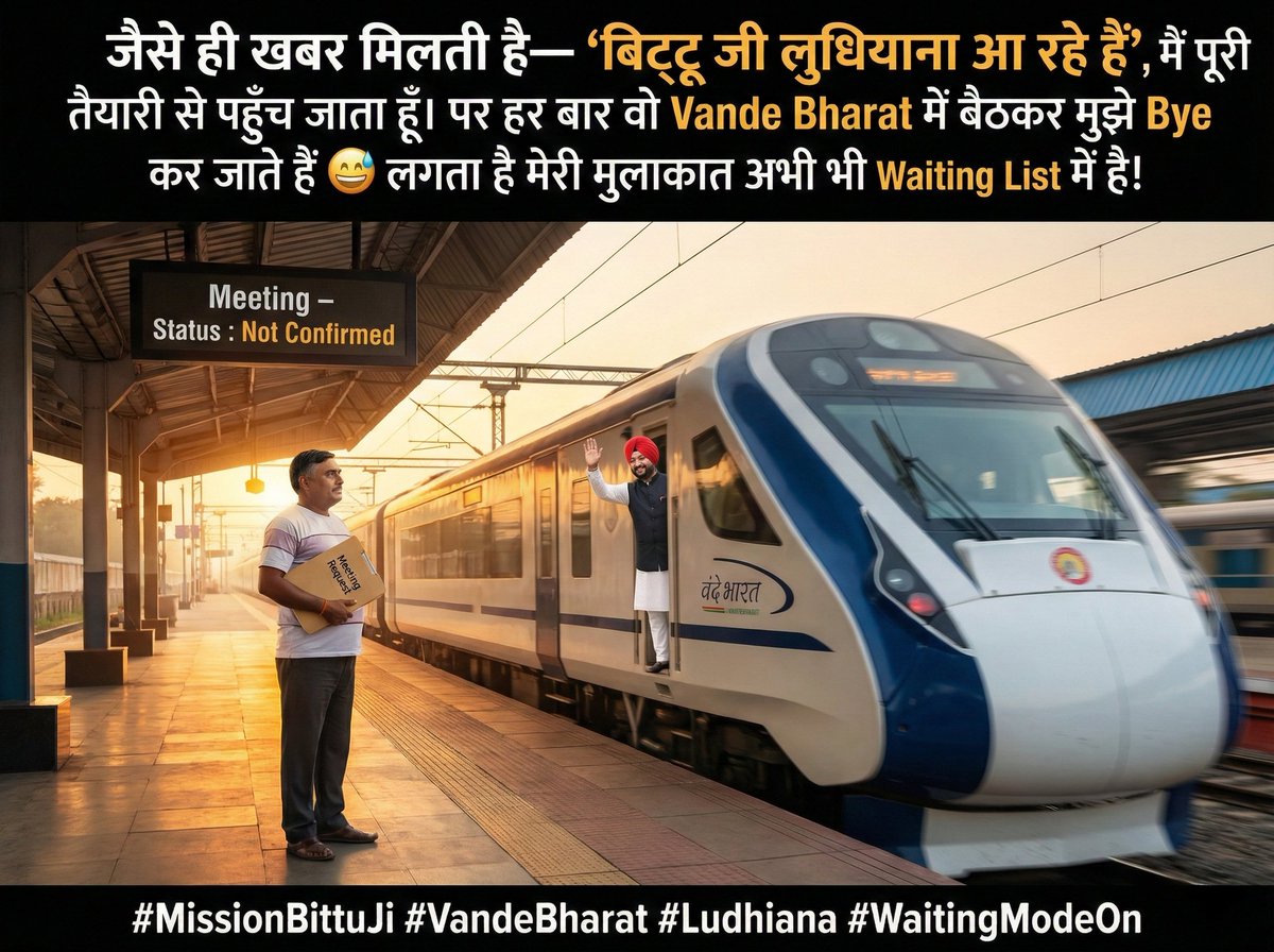 manmohank04's tweet photo. जब भी सुनता हूँ बिट्टू जी लुधियाना आ रहे हैं, मैं फाइल लेकर प्लेटफॉर्म पर हाज़िर…
पर मेरी मुलाकात अभी भी “Waiting List” में है 😭
शायद अगली बार Confirm Ticket मिल ही जाए!
.
.
.
@highlight 
#MissionBittuji #WaitingModeOn https://t.co/kpn6Qavz28