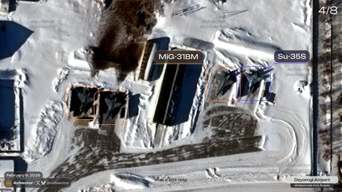 avivector's tweet photo. 🔻 Satellite images of 🇷🇺 Dzyomgi Airport as of February 9, 01:57 UTC

The air base housed 15 Su-57 (Felon), 18 Su-35S (Flanker-E), 3 MiG-31BM (Foxhound), and 2 Mi-8 (Hip).

Satellite imagery captured a record number of Su-57 in the open air for the first time.

Today, the United Aircraft Corporation handed over two Su-57 to the Russian Aerospace Forces.

Hangar construction at the airport, ongoing since June 2025, has been completed.

Su-35S are often used to escort Tu-95MS during training missions in the Far East and over international waters.