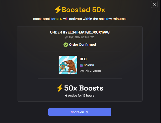 We have started with a 50x boost, and will be adding 50x each hour until we reach 500x. 

We will then start our other marketing on other platforms. 
$BFC