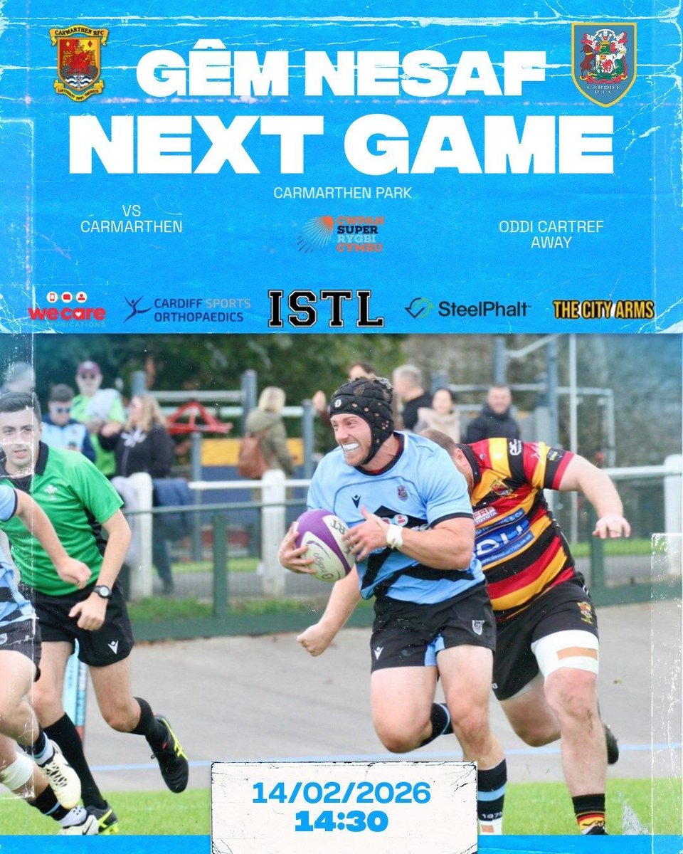 GÊM NESAF | NEXT MATCH

🆚 <a href="/CarmQuinsRFC/">Carmarthen Quins RFC</a>
🏆 <a href="/SuperRygbiCymru/">Super Rygbi Cymru</a> Cup
🏟️ Carmarthen Park
🕝 KO 14:30
📅 Saturday 14th February 

#YmlaenCaerdydd #BlueAndBlacks 💙🖤