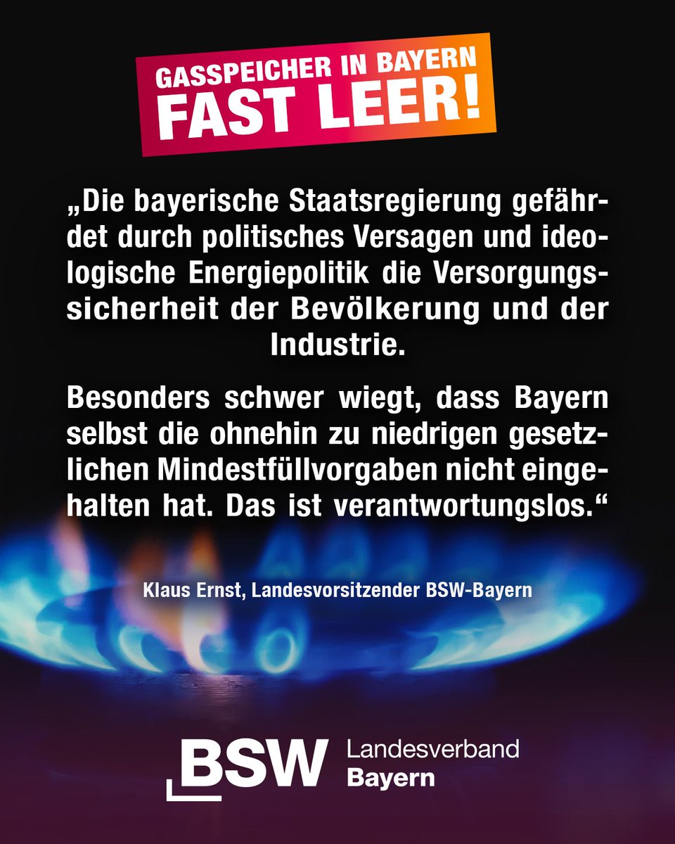 BSWBayern's tweet photo. Gasspeicher in Bayern sind fast leer, Mindestfüllstände unterschritten.

Doch die Staatsregierung beschwichtigt: Keine Mangellage, heißt es – möglicherweise auch mit Blick auf die anstehende Kommunalwahl? 

Konsequenzen dieser Energiepolitik tragen Bürger und Kommunen! https://t.co/3bCHlFLXls