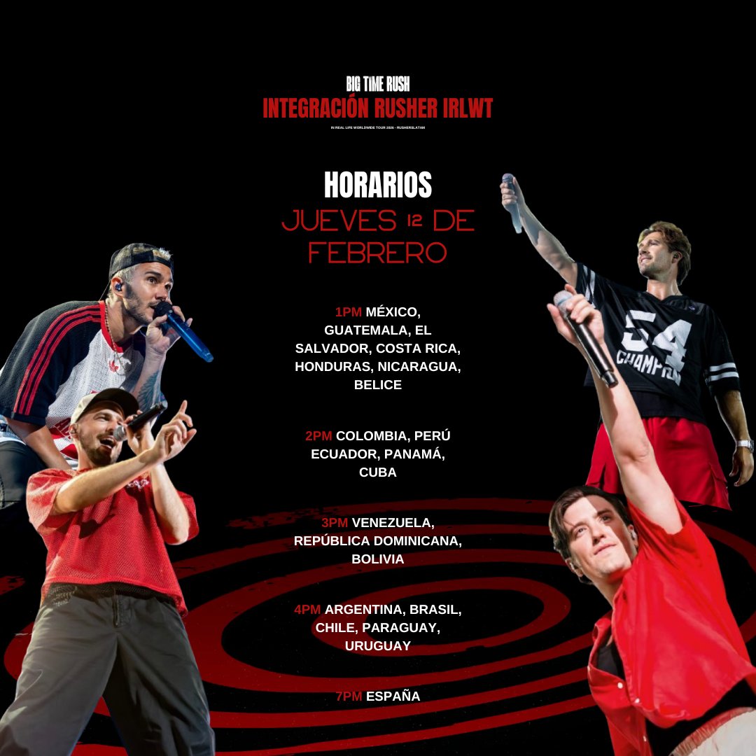 🚨 INTEGRACIÓN RUSHER IRLWT

📢 ¡LLAMANDO A TODOS LOS RUSHERS! 📢

¡<a href="/bigtimerush/">Big Time Rush</a> está por llegar a Latinoamérica!!

¿Asistirás/fuiste al In Real Life Worldwide Tour? Conoce a más Rushers como tú antes de que inicien los conciertos 🎤

Este jueves 12 #IntegracionRusherIRLWT