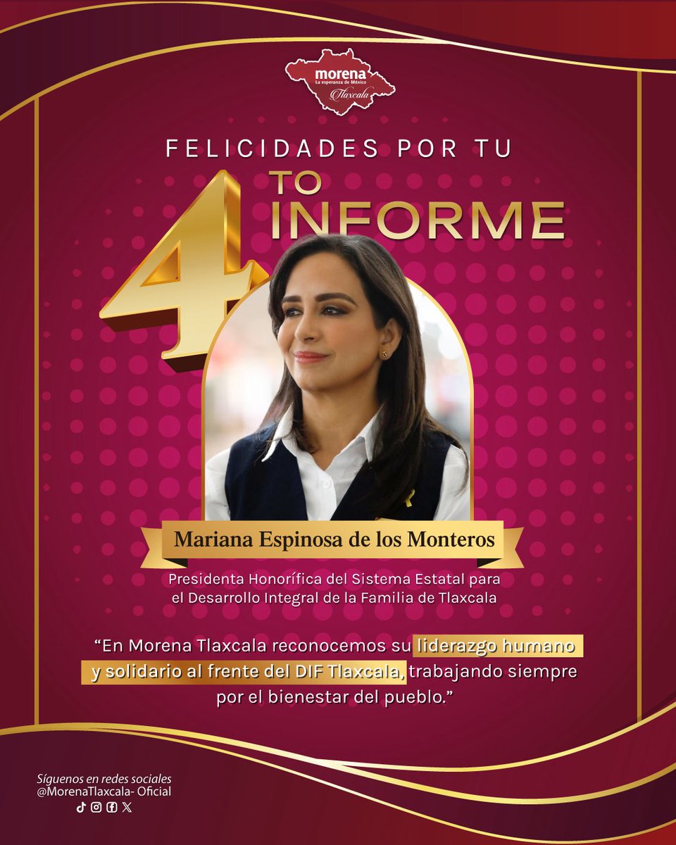 ✨ ¡Felicidades por su Cuarto Informe de Gobierno! ✨

En Morena Tlaxcala reconocemos el trabajo sensible, humano y comprometido de Mariana Espinosa de los Monteros Cuéllar, Presidenta Honorífica del Sistema Estatal DIF Tlaxcala, cuya labor ha puesto en el centro a las familias.