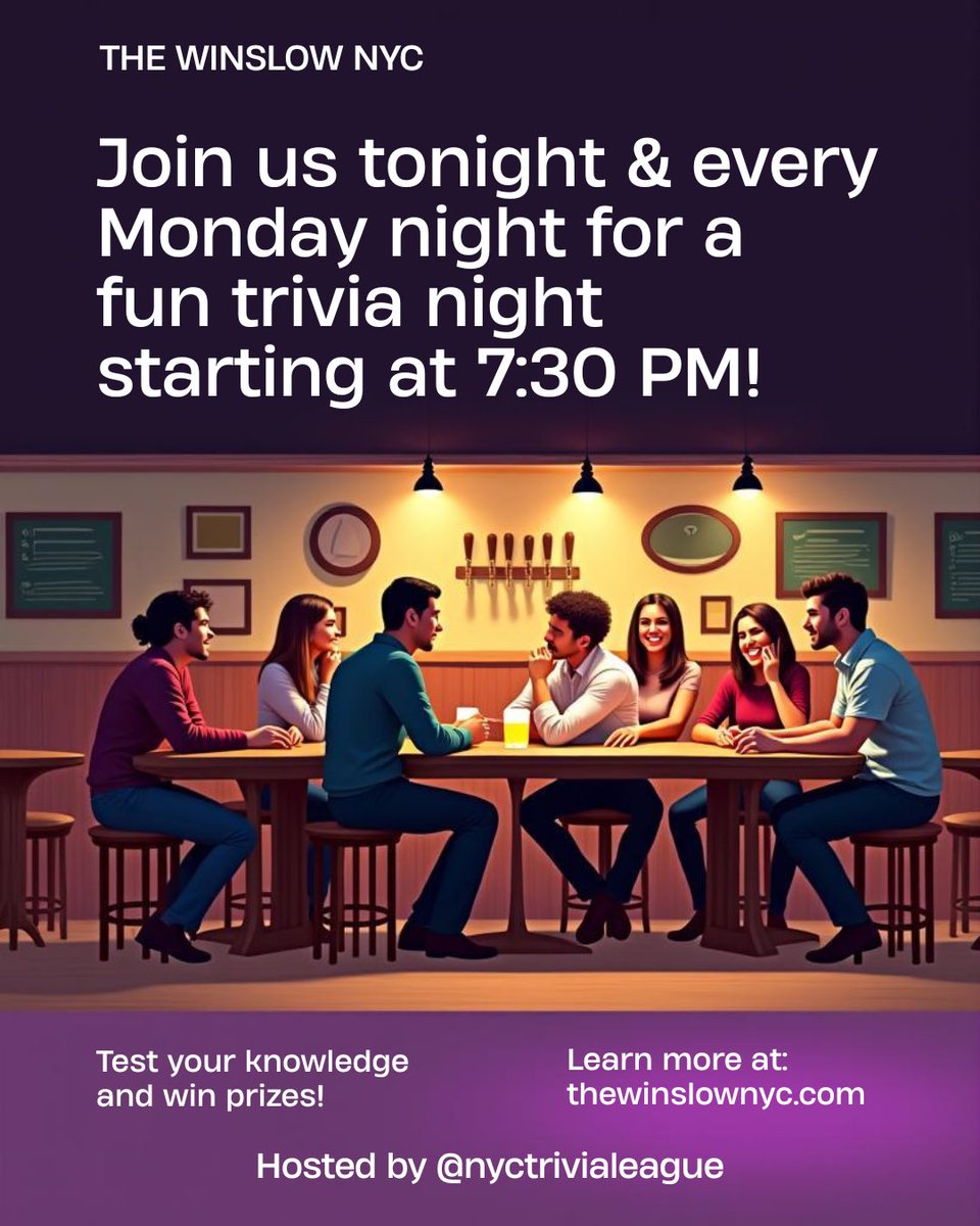 Monday nights hit different at The Winslow. Our Trivia Night is where sharp minds and a seriously good vibe collide. The questions strike that perfect balance—smart enough to make you feel clever, relaxed enough to keep the laughs (and pints) flowing.
thewinslownyc.com/trivia-night-t…
