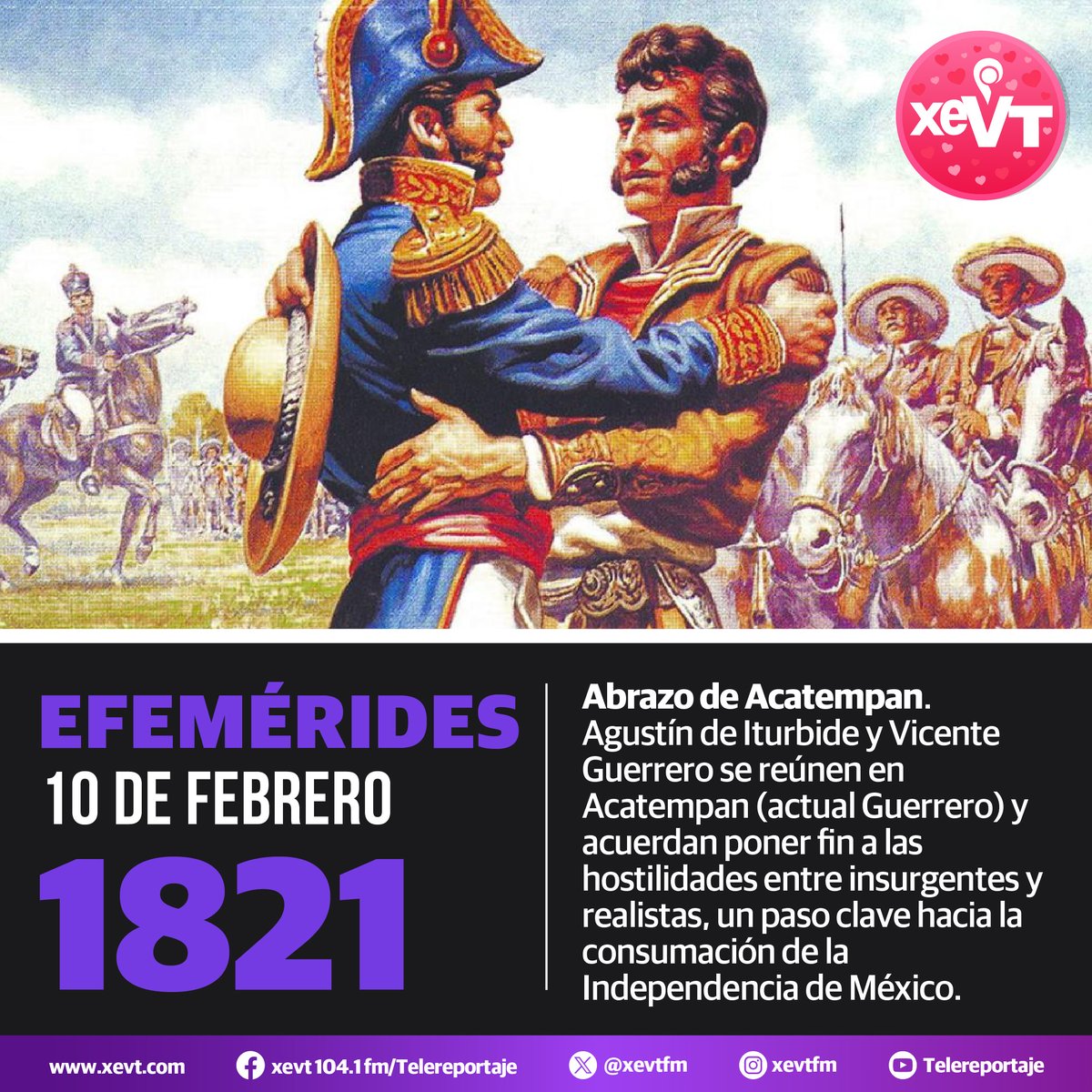 #UnDíaComoHoy pero de 1821, se lleva a cabo el abrazo de Acatempan. Agustín de Iturbide y Vicente Guerrero se reúnen en Acatempan (actual Guerrero) y acuerdan poner fin a las hostilidades entre insurgentes y realistas, un paso clave hacia la consumación de la Independencia de